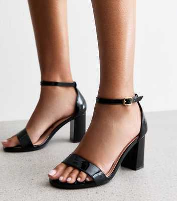 Wide Fit Black Faux Patent Leather Block Heel Sandals