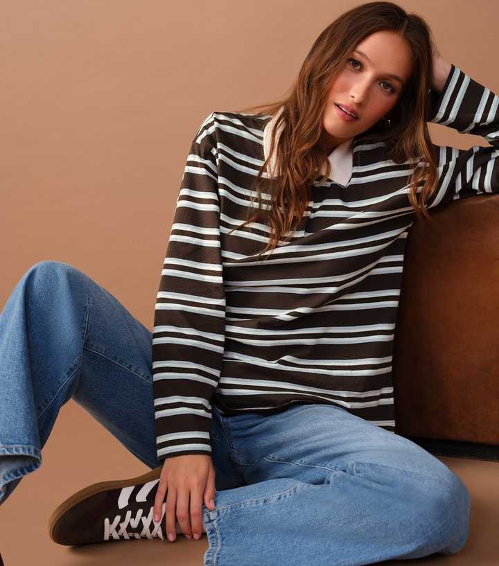 Brown Striped Long Sleeve Stripe Rugby Polo Top