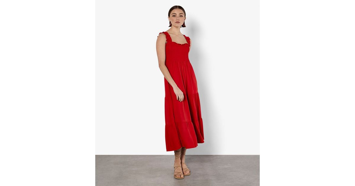 red dress new look Red Spotty Strappy Midi Dress
