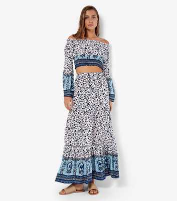 Apricot Blue Floral Print Tiered  Maxi Skirt