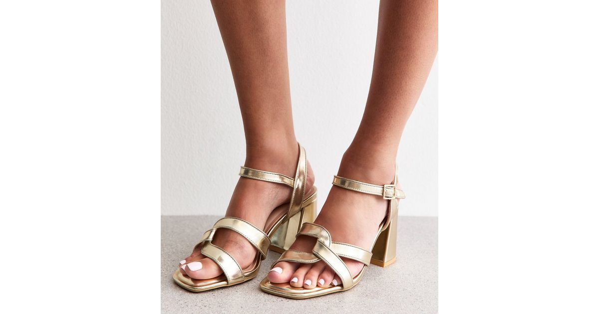 Wide Fit Gold Metallic Twist Strap Block Heel Sandals | New Look