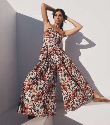 Apricot Red Floral Print Bardot Wide Leg Jumpsuit