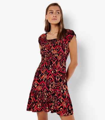 Apricot Red Abstract Print Square Neck Mini Dress