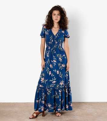 Apricot Blue Floral Print Maxi Smock Dress