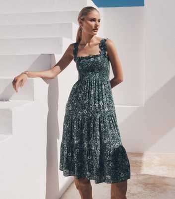 Apricot Green Floral Print Square Neck Midi Dress