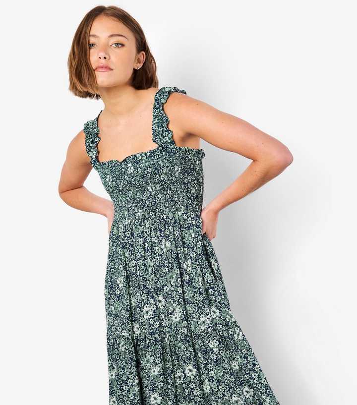 Apricot Green Floral Print Square Neck Midi Dress | New Look