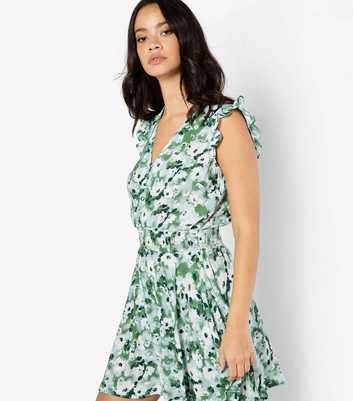 Apricot Green Floral Print Mini Smock Dress
