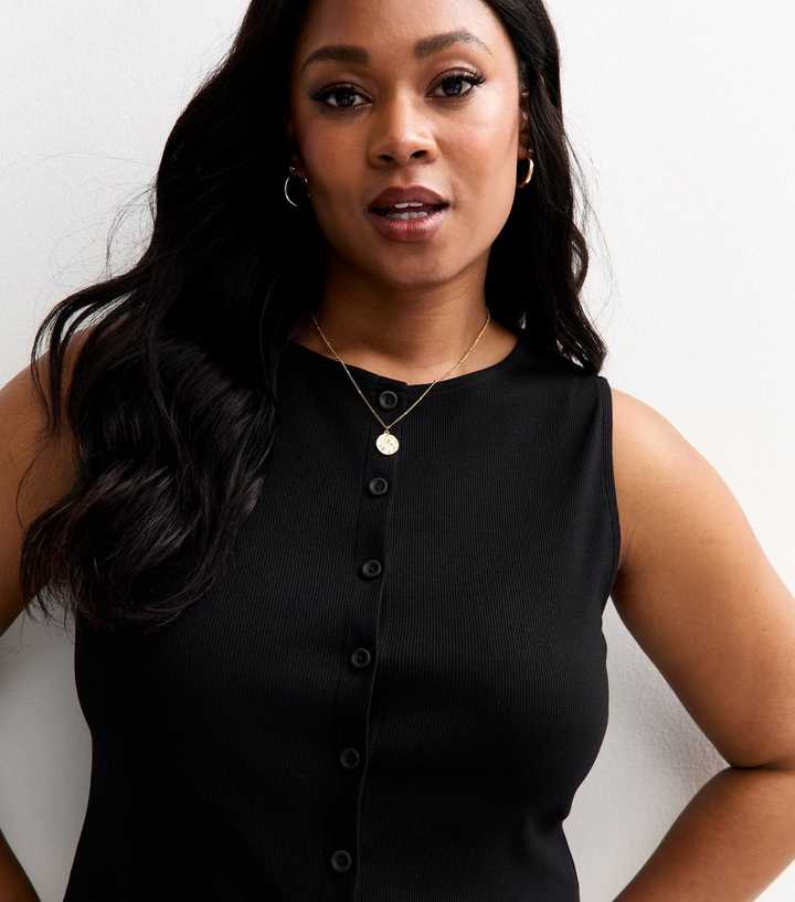 Curves Black Button Through Tank Top