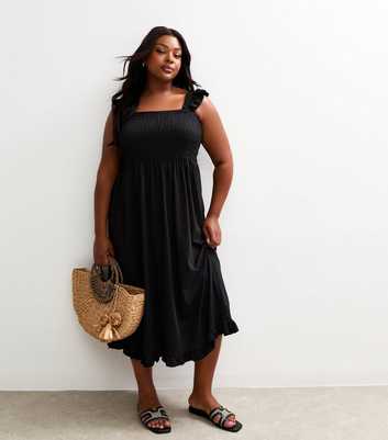 Curves Black Cotton Shirred Strappy Midi Dress