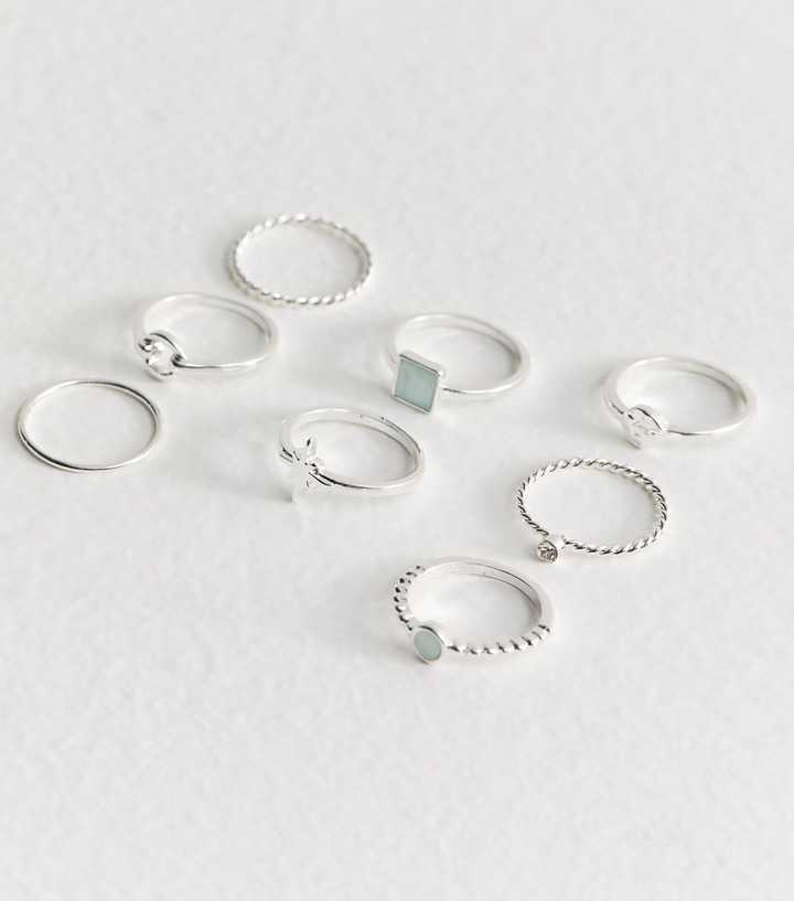 Silver Tone Pack of 8 Faux Stone Thin Rings