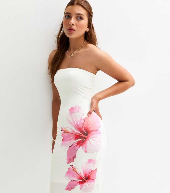 Girls White Hibiscus Print Bandeau Midi Dress