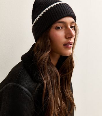 Black Contrast Whipstitch Trim Beanie | New Look