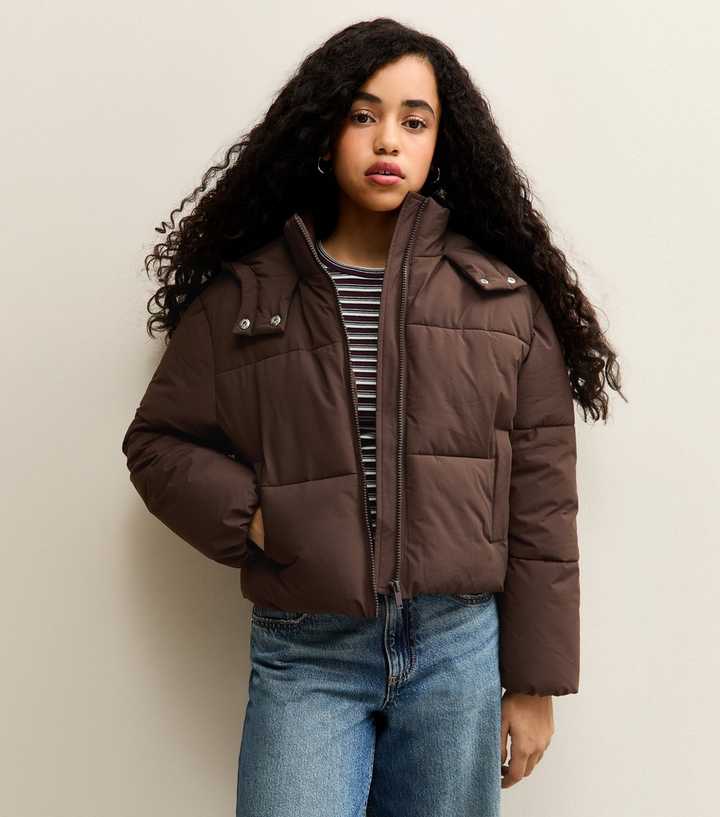 Girls Dark Brown Cropped Puffer Jacket