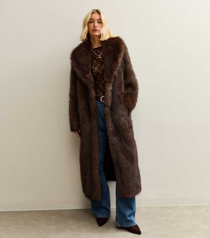 Dark Brown Faux Fur Longline Coat