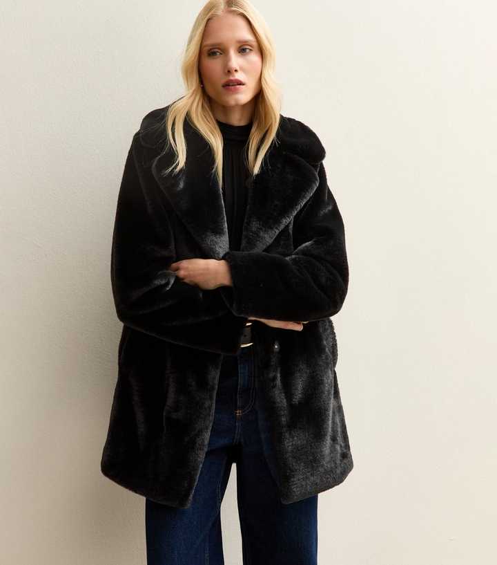 Black Faux Fur Midi Coat