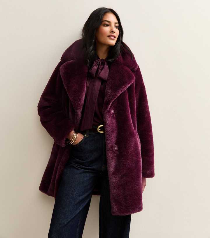 Burgundy Faux Fur Midi Coat