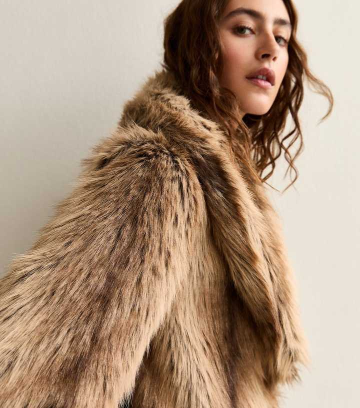 Brown Faux Fur Shawl Collar Mid Coat