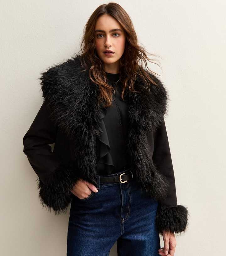 Black Faux Suede Fur Trimmed Jacket