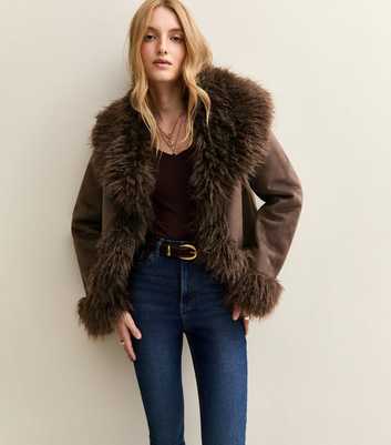 Brown Faux Suede Fur Trimmed Jacket