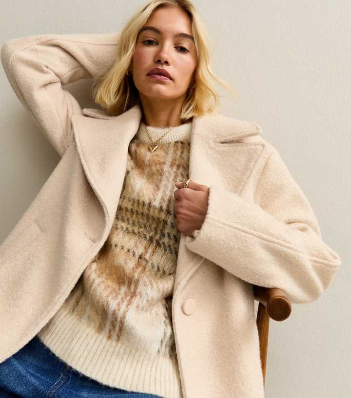 Cream Textured Single Breasted Coat