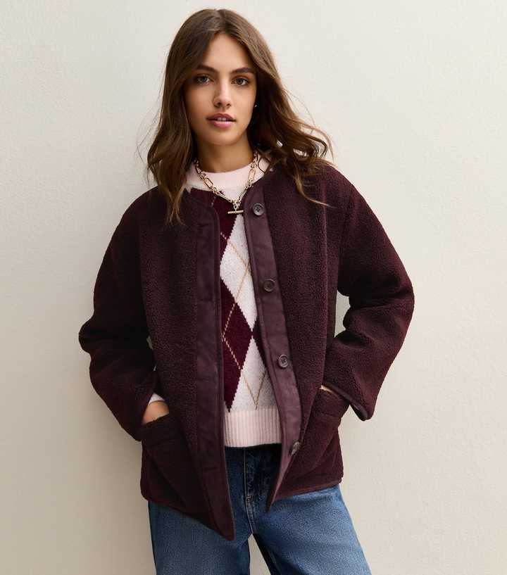 Dark Burgundy Borg Button Through Jacket