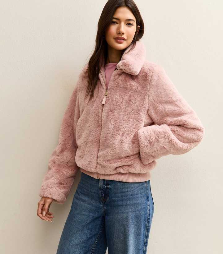 Pink Faux Fur Bomber Jacket