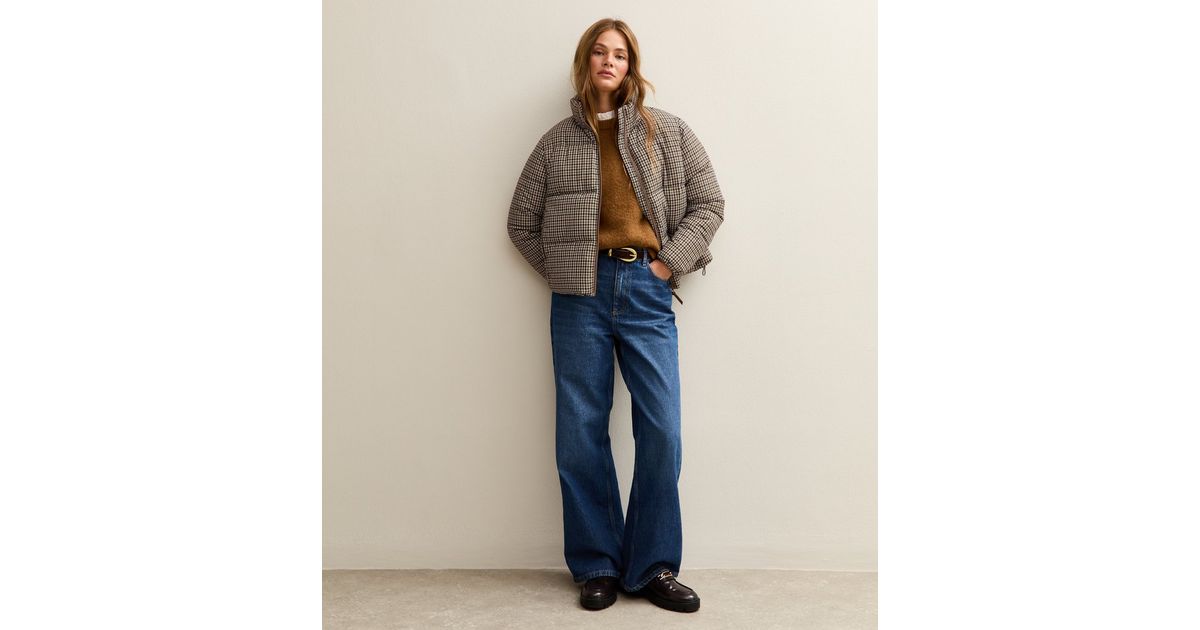 Brown Houndstooth Check Pattern Cropped Puffer Jacket | New Look