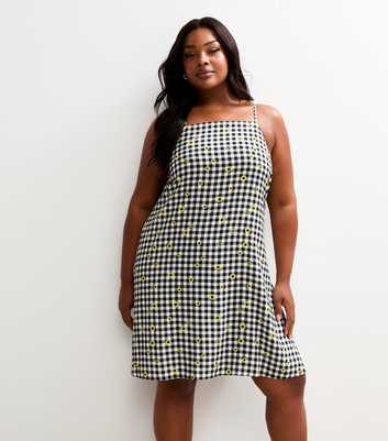 Curves Black Gingham Check Floral Print Mini Dress