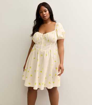 Curves White Poplin Lemon Print Milkmaid Mini Dress