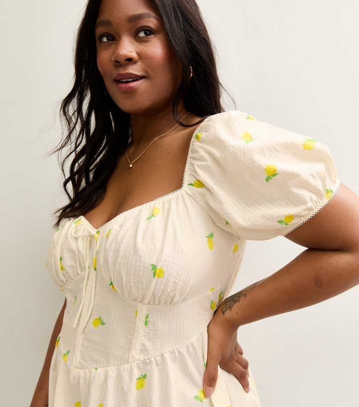 Curves White Poplin Lemon Print Milkmaid Mini Dress | New Look