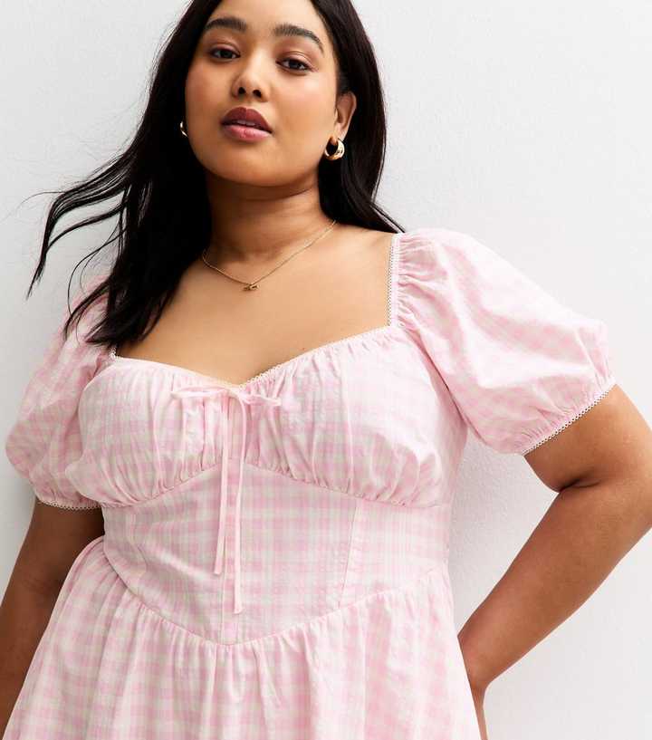 Curves Light Pink Gingham Check Milkmaid Mini Dress | New Look