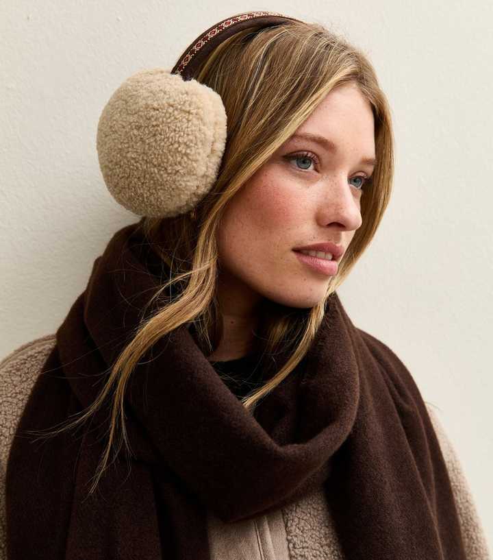 Brown Embroidered Trim Borg Earmuff