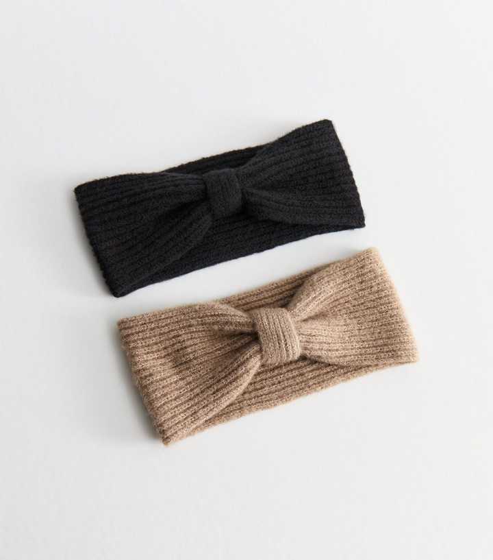 Brown Pack of 2 Ribbed Knit Knotted Headbands