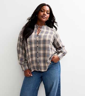 Curves Blue Checked Tie Neck Blouse