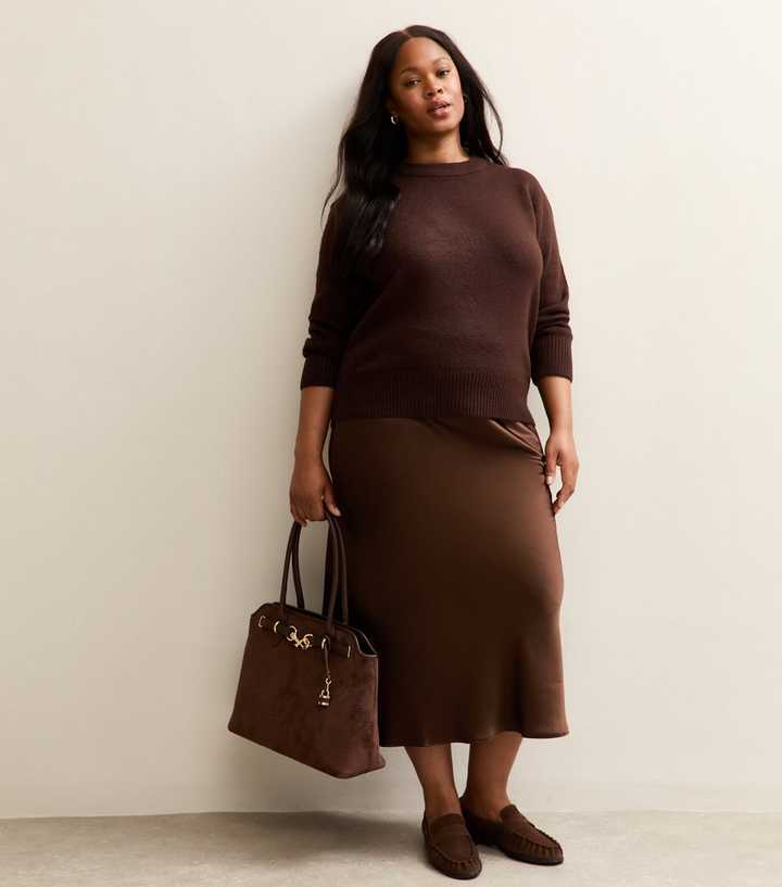 Curves Brown Satin Midi Skirt
