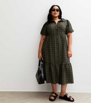Curves Green Check Pattern Puff Sleeve Shirt Dress