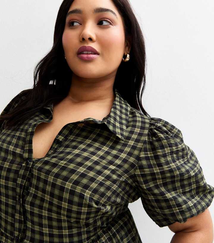 Curves Green Check Pattern Puff Sleeve Shirt Dress | New Look