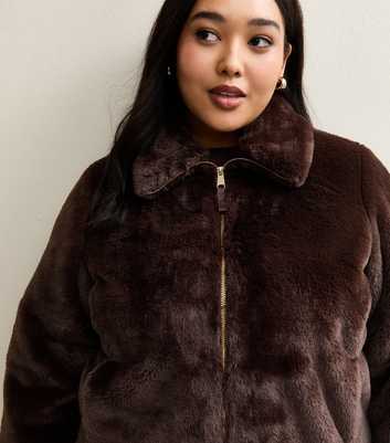 Curves Dark Brown Faux Fur Bomber Jacket