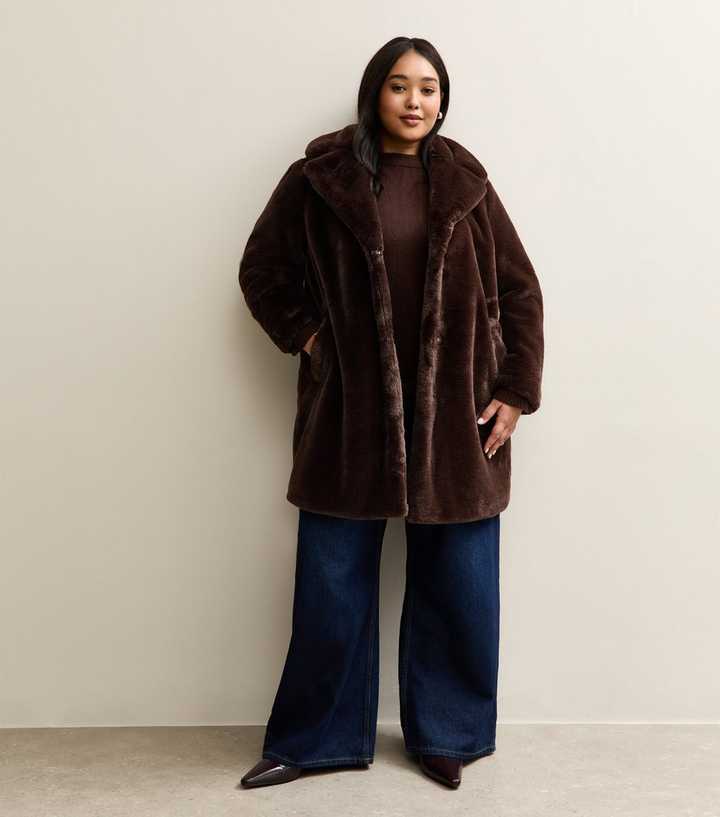 Curves Dark Brown Faux Fur Midi Coat