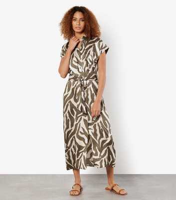 Apricot Khaki Zebra Print Textured Midi Shirt Dress