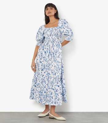Apricot White Floral Print Shirred Maxi Dress