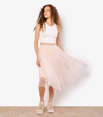 Apricot Pink Sequinned Tulle Midi Skirt