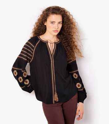 Apricot Black Embroidered Tasseled Blouse