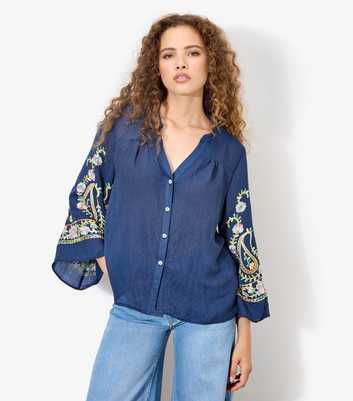 Apricot Blue Paisley Embroidered Slubbed Blouse