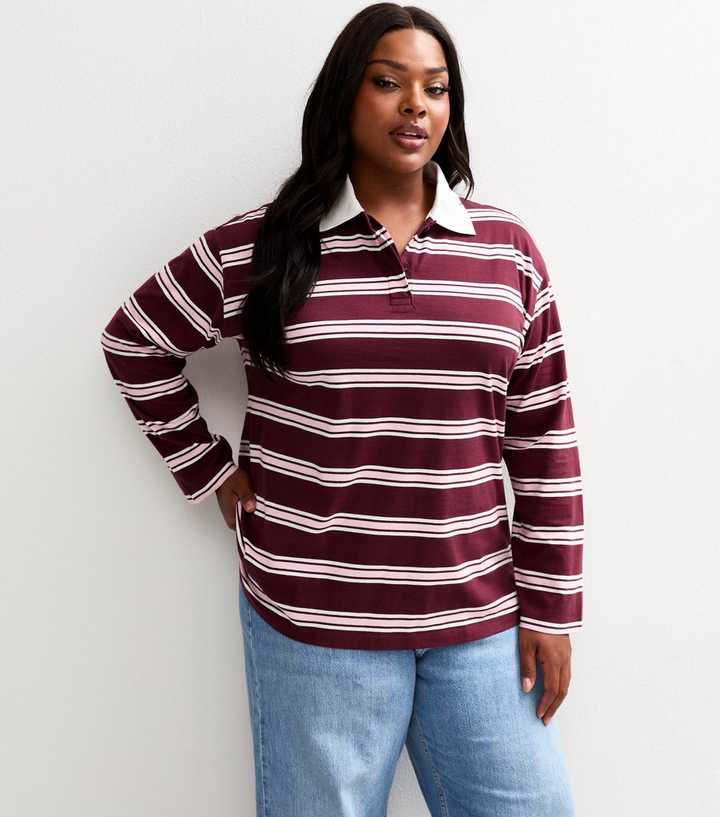Curves Red Striped Long Sleeve Rugby Top