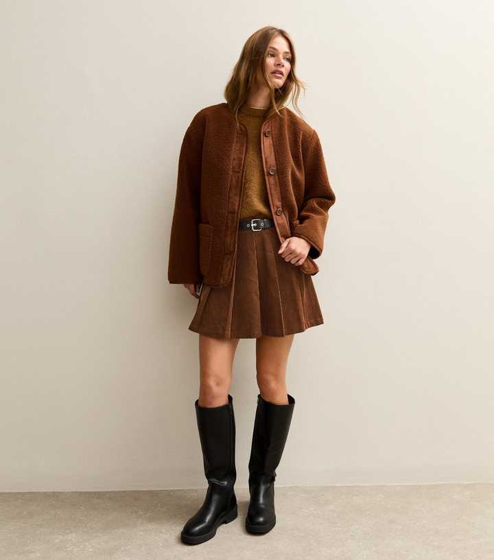 Brown Corduroy Pleated Buckle Mini Skirt