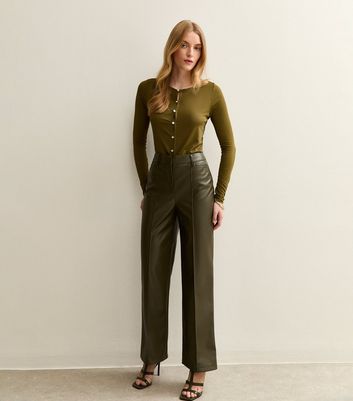 Wide Leg Khaki Faux Leather Pants Leather Look Wide Leg Trousers
