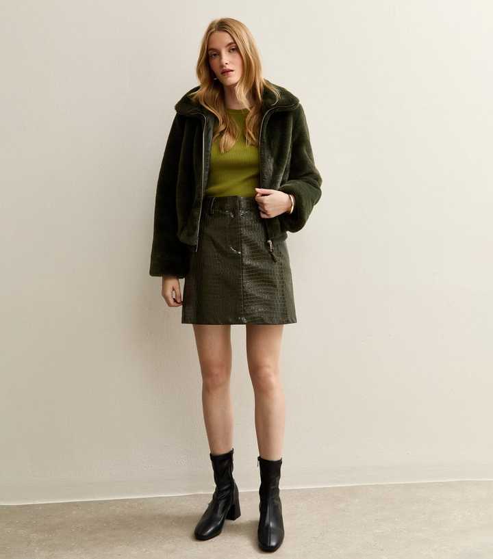 Khaki Crocodile Effect Faux Leather Mini Skirt