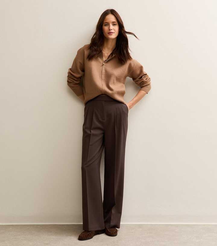 Dark Brown Pleated Front Wide Leg Trousers