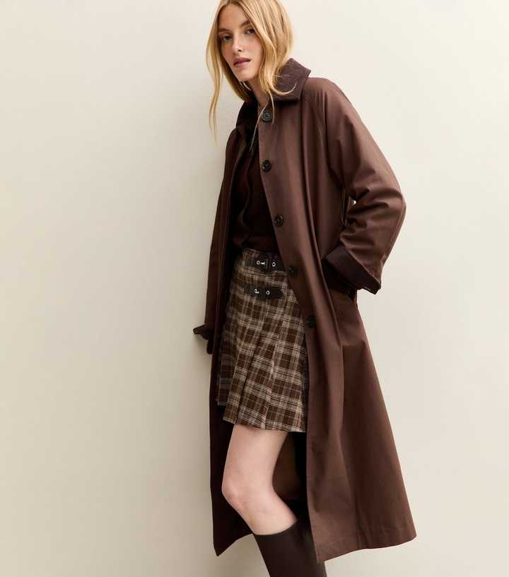 Brown Pleated Check Mini Skirt